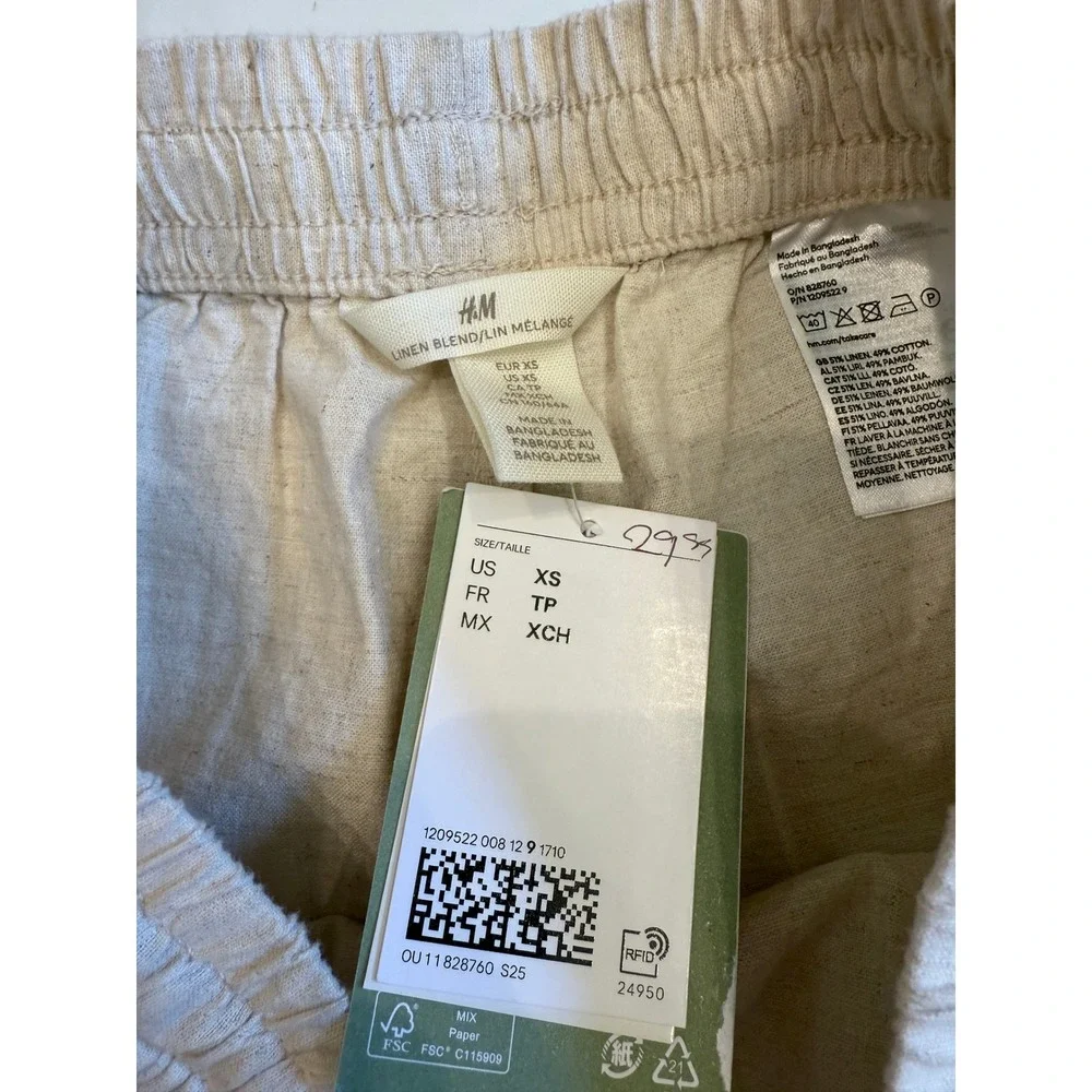 H&M Women Beige Linen Blend Wide Leg Elastic Waist Pants XS NWT 1209522 008